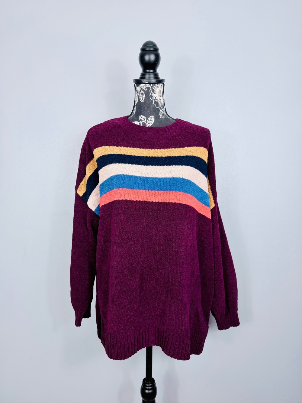 American Eagle maroon multi color striped oversized chenille sweater size medium